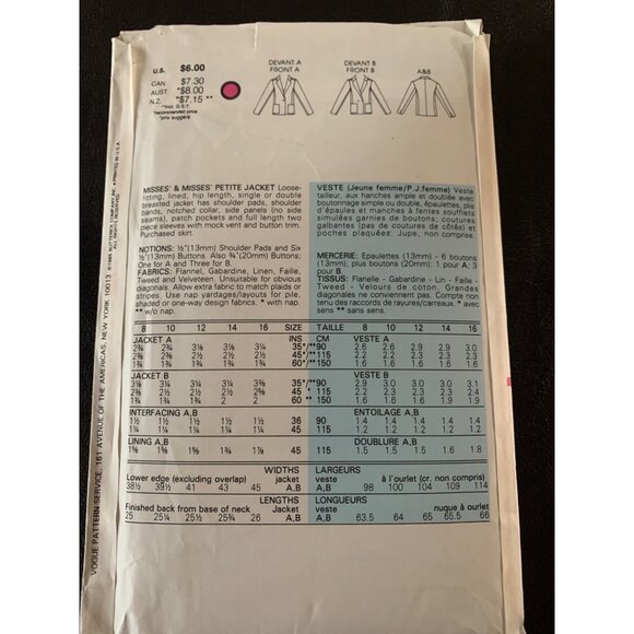 Vogue Misses Jacket Sewing Pattern 8083 Sz 16 - Uncut - Picture 5 of 9